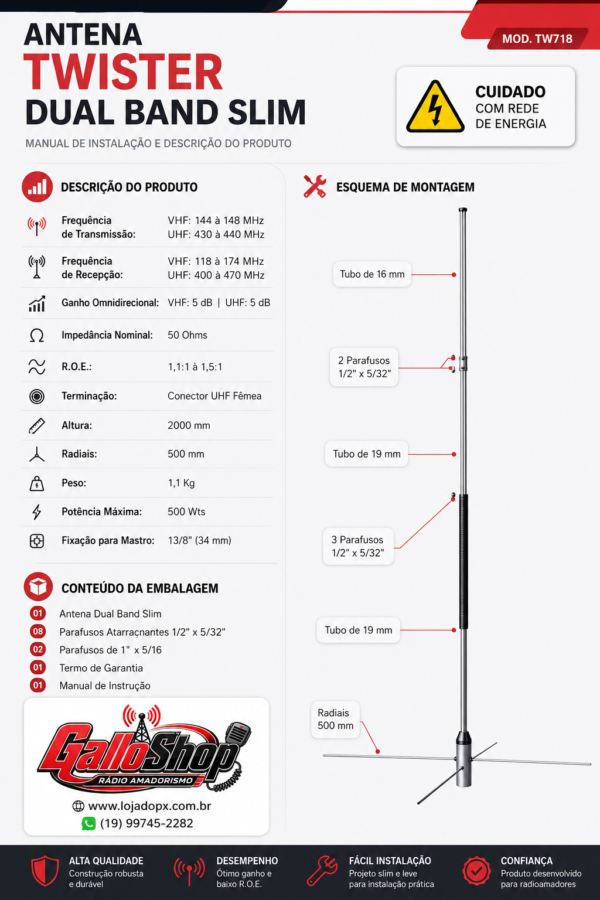 TW718 - Antena Colinear Dual Band VHF UHF 5 dB 144/430 MHz