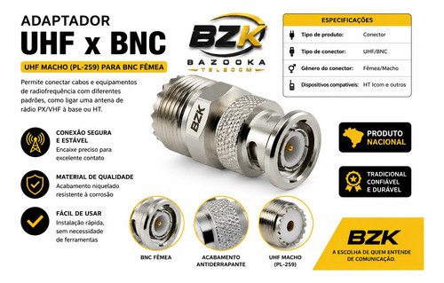 Bzk - Adaptador Conector Bnc Macho X Uhf Femea Top